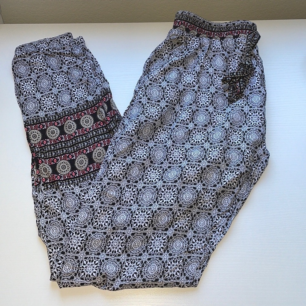 Black and white tribal pants with pink and tan accents